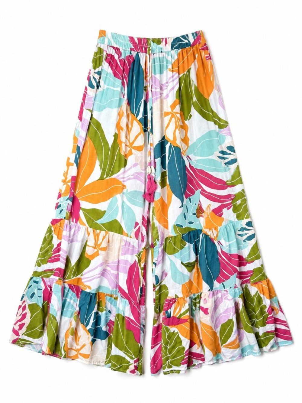 True Destinations Crop Wide Ruffle Leg Pants Size Medium Tropical Print Pull On